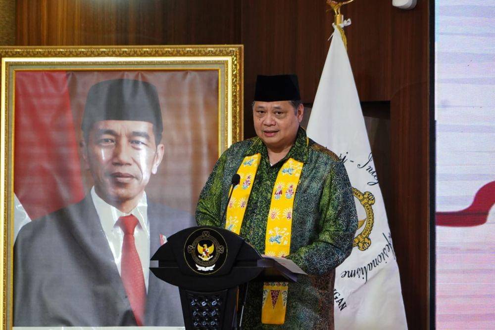 Menko Airlangga berbicara dalam Rapat Kerja Pelaksana BPK RI Tahun 2023, Senin (28/08). (Dok. Golkar)
