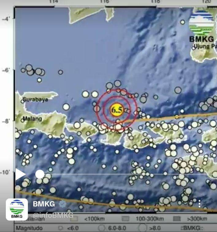 Gempa susulan yang menggoyang pulau Lombok setelah kejadian gempa M7,1 di  wilayah Laut Jawa, Selasa (29/8/2023) dini hari. (dok. BMKG)