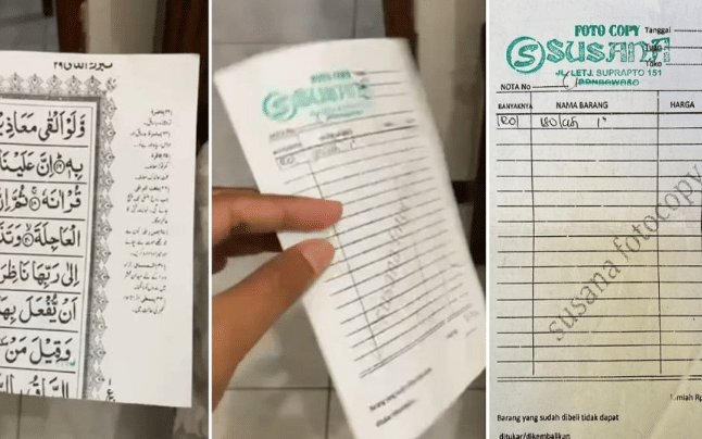 Tangkapan layar video viral nota pembelian dengan kertas potongan ayat Al Quran (istimewa)