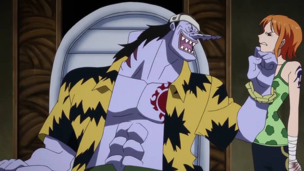 Arlong mengintimidasi Nami. (dok. Toei Animation/One Piece)