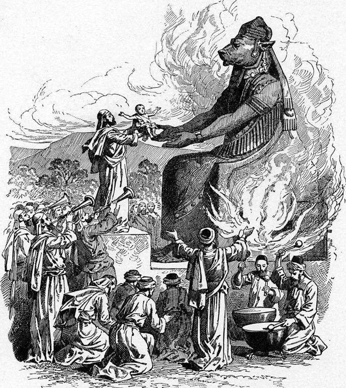 ilustrasi ritual persembahan bayi pada dewa Molokh (commons.wikimedia.org/Dauster)