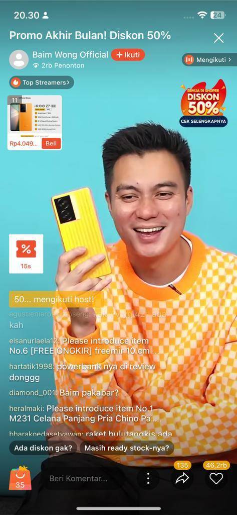 Tangkapan layar sesi Shopee Live Baim Wong (Dok. Istimewa)