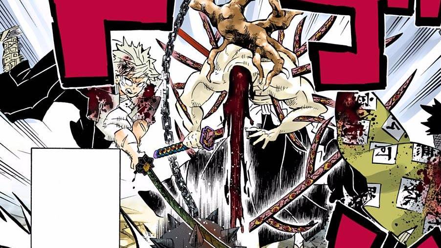 Sanemi dan Gyomei memenggal kepala Kokushibo. (dok. Shueisha/Demon Slayer: Kimetsu no Yaiba)