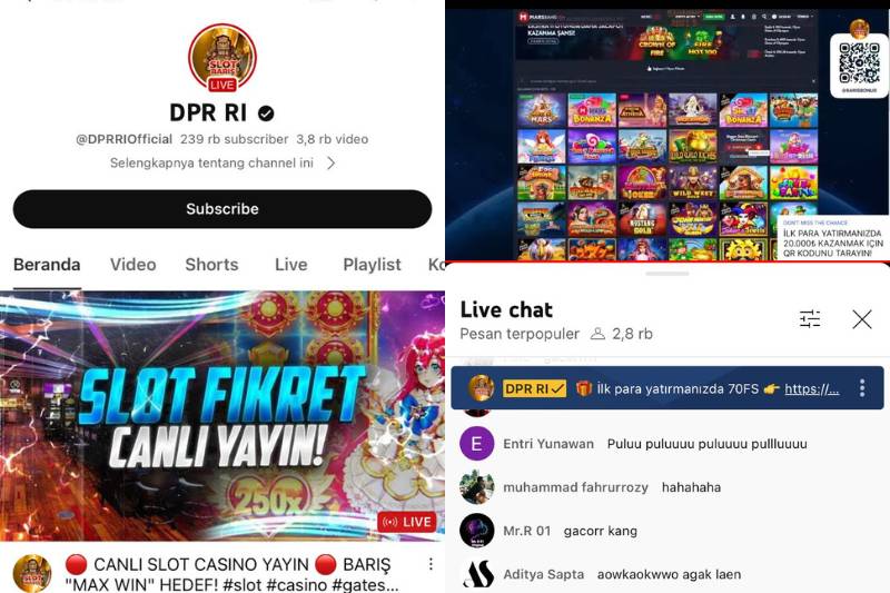 Akun YouTube DPR RI diduga diretas dan menampilkan video judi online. (youtube.com/DPR RI)