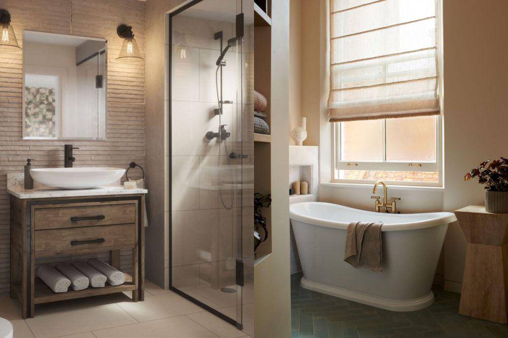 Desain kamar mandi bernuansa beige (idealhome.co.uk) | (homesandgardens.com)
