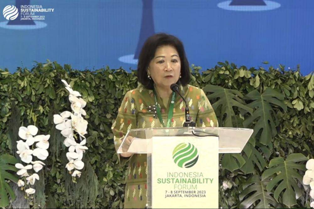 Utusan Khusus Presiden dalam Global Blended Finance Alliance, Mari Elka Pangestu dalam Indonesia Sustainability Forum (ISF) di Park Hyatt Jakarta, Jumat (8/9/2023). (youtube.com/Kemenko Marves)