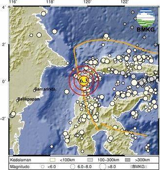 Titik gempa dengan parameter update M6,1 di Donggala, Sulawesi Tengah, Sabtu malam (9/9/2023). (Dok. BMKG)