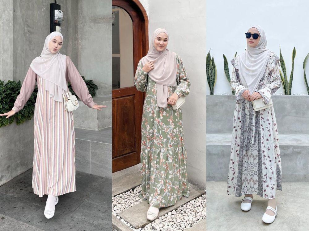 9 Ide OOTD Hijab Pakai Dress Motif ala Nyimas Juniar, Feminin Banget!