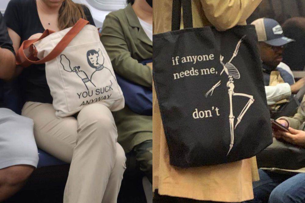 7 Potret Kocak Totebag dengan Tulisan Nyeleneh Milik Penumpang Kereta
