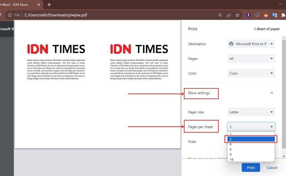 ilustrasi cara print 2 halaman jadi 1 lembar PDF (IDN Times/Laili)