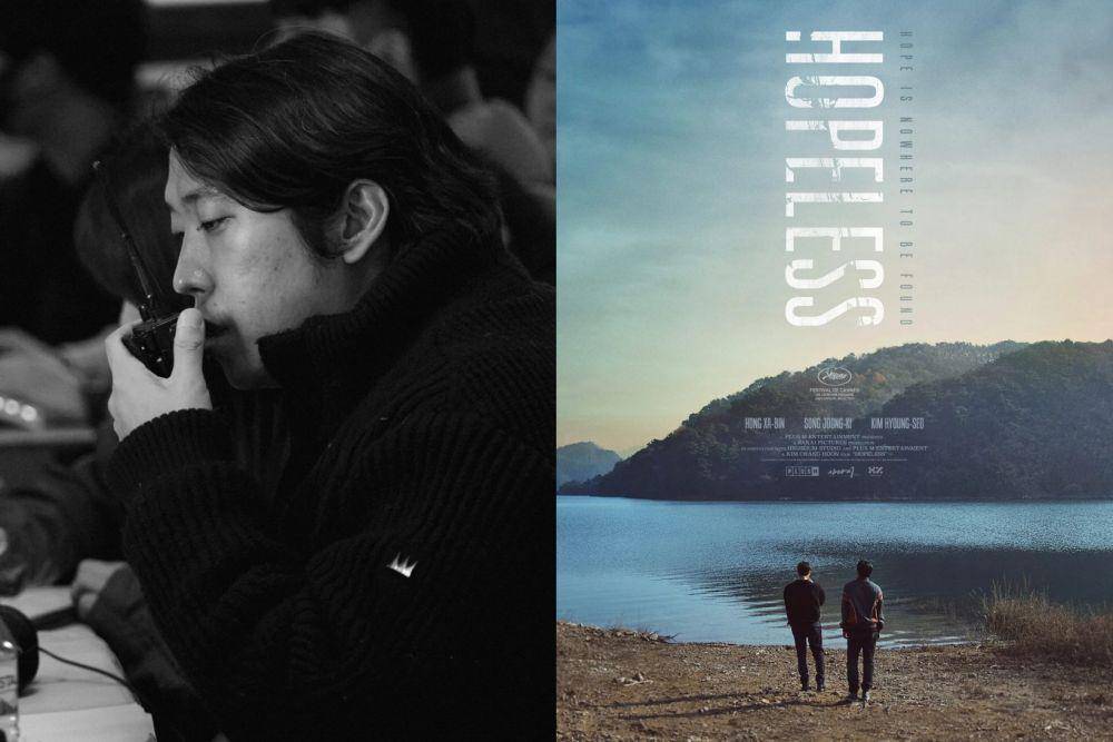 sutradara Kim Chang Hoon dan poster film Hopeless (dok. 76th Cannes Film Festival)