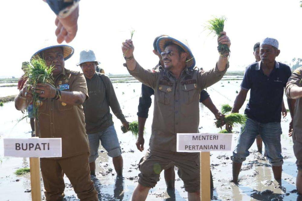 Menteri Pertanian Syahrul Yasin Limpo (Mentan SYL) bersama Anggota DPR RI, Indira Chunda Thita dan Bupati Bone, Andi Fahsar Mahdin Padjalangi melakukan Gerakan Tanam Padi (Dok. Kementan)
