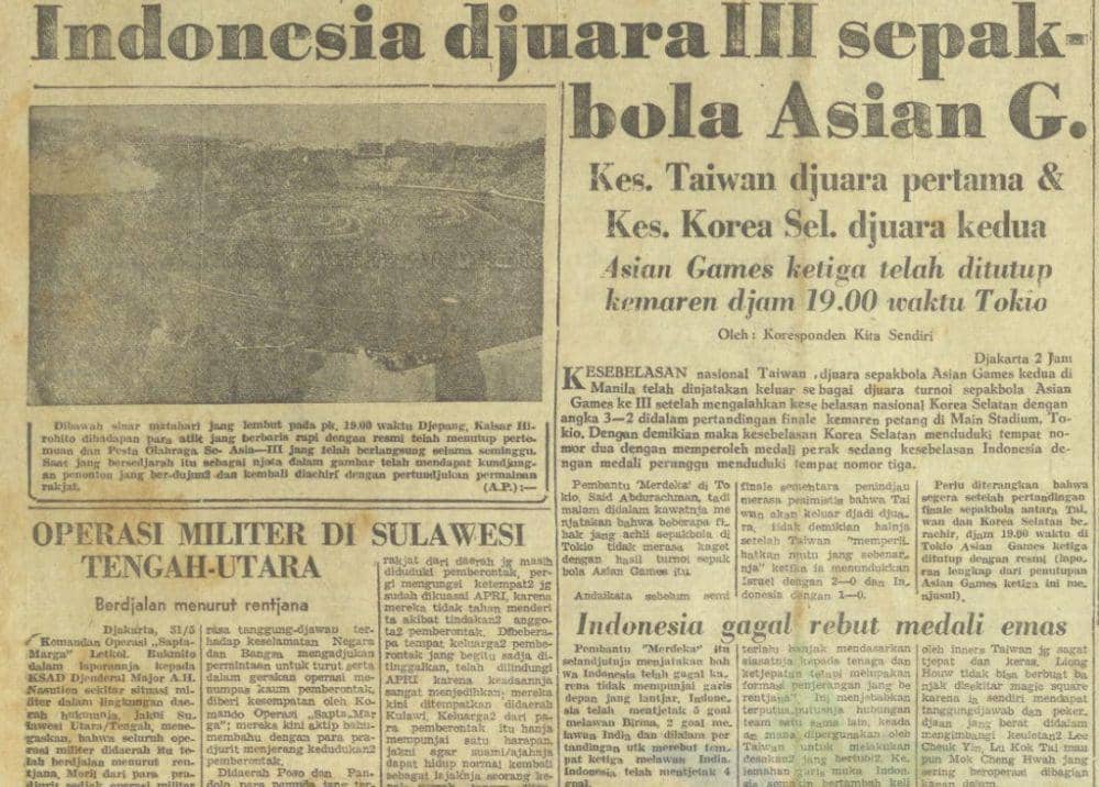 Laporan hasil pertandingan perebutan medali perunggu cabor sepak bola Asian Games Tokyo 1958 antara Indonesia melawan India. (Repro. Harian Suara Merdeka edisi Senin 2 Juni 1958/Perpusnas)
