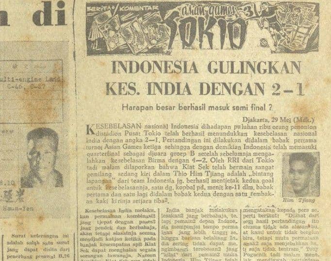 Laporan hasil pertandingan matchday ketiga Grup B cabor sepak bola Asian Games Tokyo 1958 antara India melawan Indonesia. (Repro. Harian Suara Merdeka edisi Kamis 29 Mei 1958/Perpusnas)
