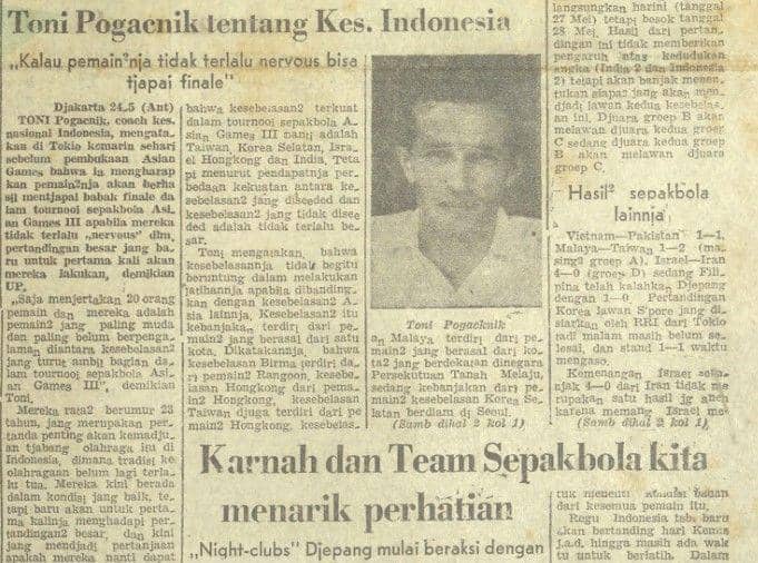 Laporan wawancara dengan pelatih kepala Timnas Indonesia, Toni Pogacnik, jelang menghadapi Asian Games Tokyo 1958. (Repro. Harian Suara Merdeka edisi Selasa 27 Mei 1958/Perpusnas)