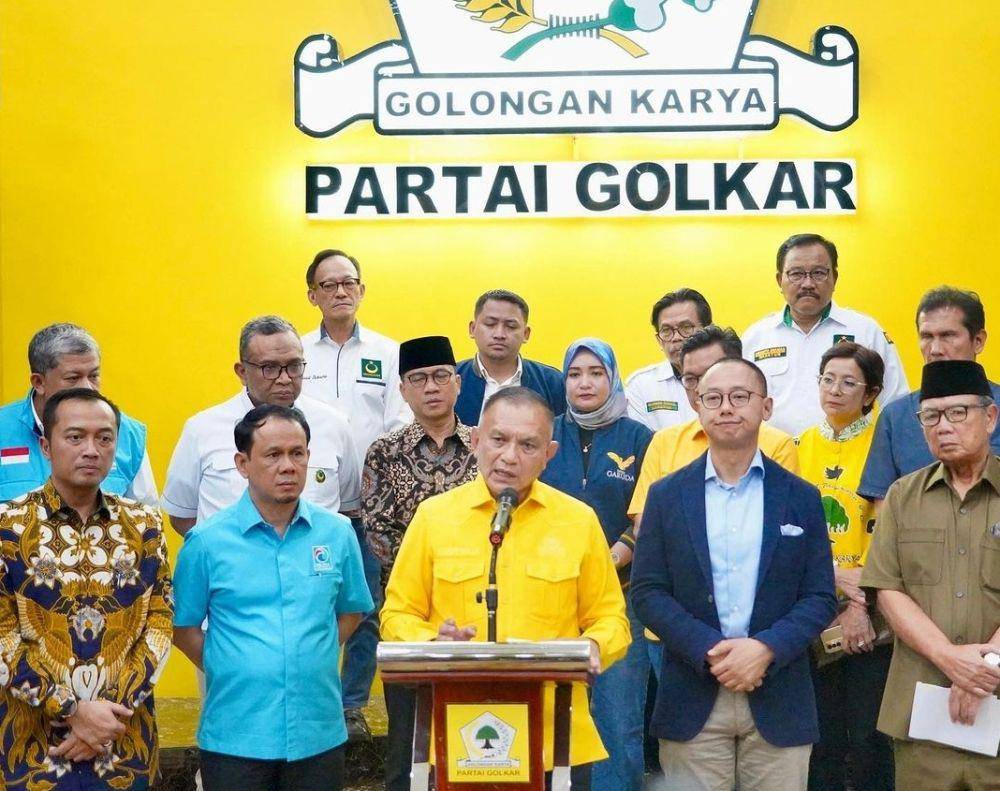 Para Sekjen Parpol di Koalisi Indonesia Maju (KIM) ketika memberikan keterangan pers pada 20 September 2023 di DPP Golkar. (www.instagram.com/@golkar.indonesia)