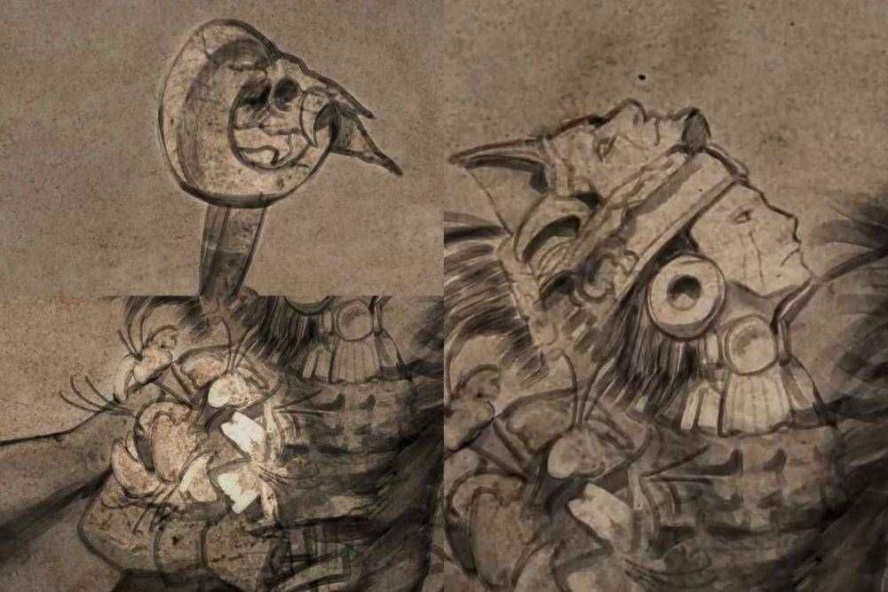 ilustrasi palu angin, bunga kamperfuli, dan dua wajah Aramun Haesulla di drakor Arthdal Chronicles (youtube.com/tvN drama)