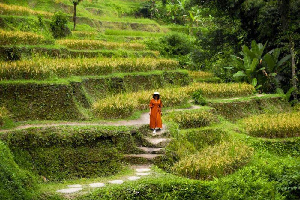 gambar seorang wanita sedang berpose di area sawah di bali (instagram.com/juliati_magda)