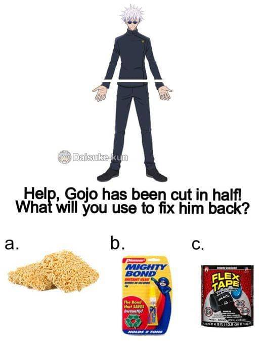 Meme pilihan bahan untuk menyambung tubuh Gojo ( Dok. facebook.com/ Daisuke-kun)