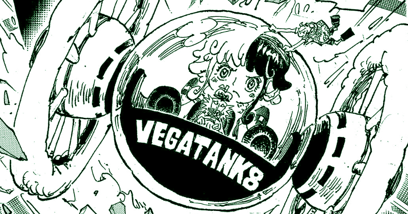 Vegapunk dan Atlas mengendarai Vegatank8. (mangaplus.shueisha.co.jp/One Piece)