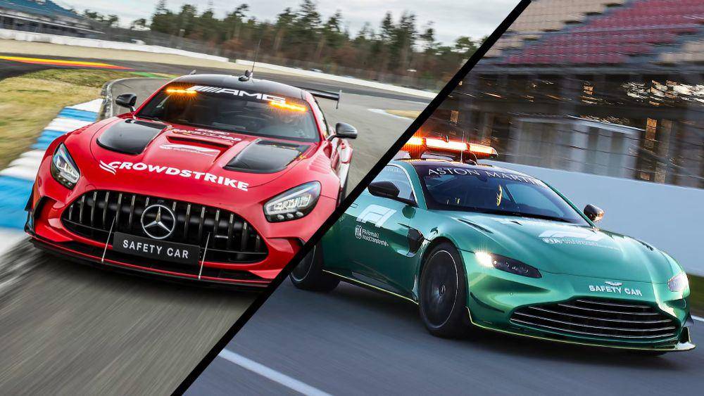 Mercedes AMG (merah) dan Aston Martin Vantage (hijau) (formula1.com)