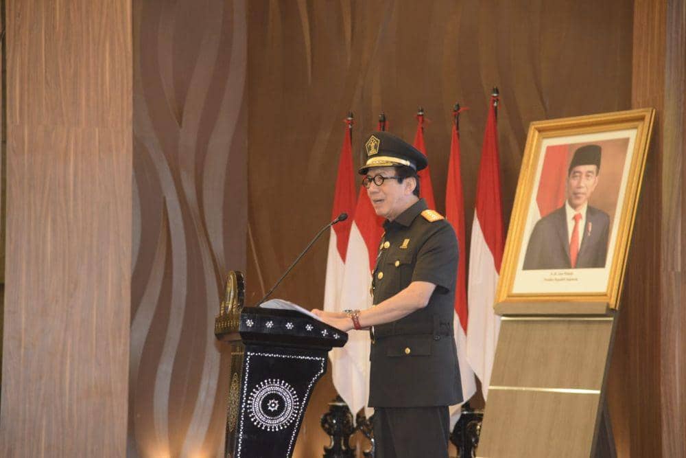 Menkumham Yasonna Laoly saat berbicara dalam acara mutasi jabatan lima pimpinan Kanwil Kemenkumham Jateng. (IDN Times/Dok Humas Kemenkumham Jateng)