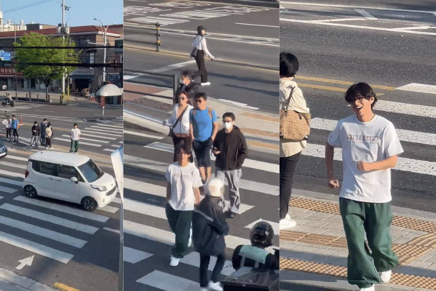 potret V BTS yang sedang menyebrang jalan (instagram.com/min.hee.jin)