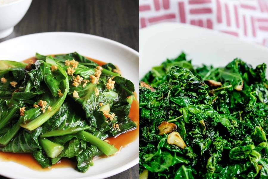 Potret cah kailan dan tumis kale (foodelicacy.com | lowcarbingasian.com)