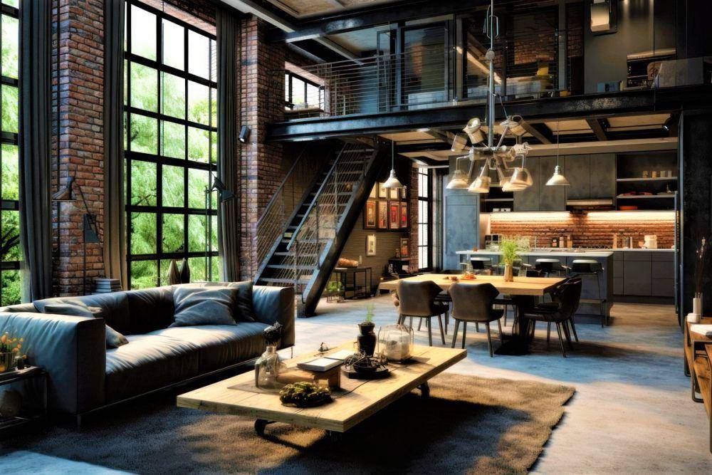 ilustrasi desain ruang makan industrial berkonsep open space (rawpixel.com/rawpixel)