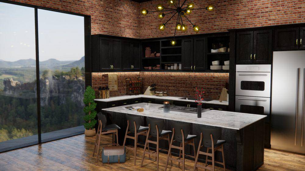 ilustrasi ruang makan industrial yang menyatu dengan dapur (unsplash.com/MAHZA D'BRATA)