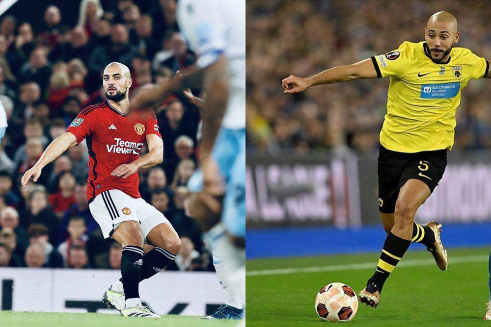 Sofyan Amrabat (jersey merah), pemain Manchester United, merupakan adik dari Nordin Amrabat (jersey kuning) yang kini membela AEK Athens. (twitter.com/ManUtd | instagram.com/n_amrabat_official)