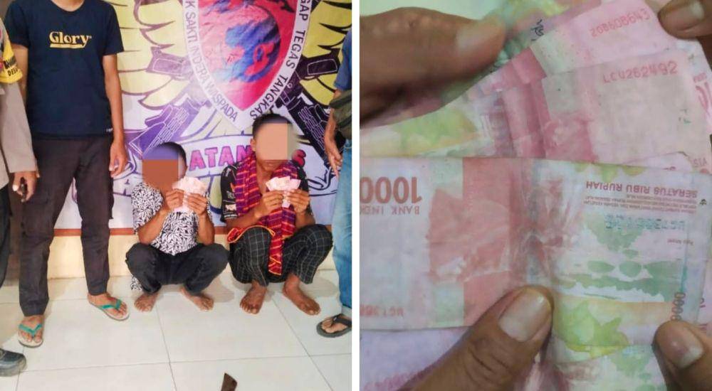 Foto pelaku dan BB uang palsu saat diamankan polisi (Dok/Polres Bima)
