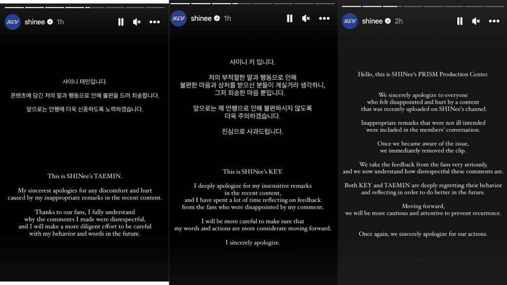 Taemin, Key, dan tim produksi konten SHINee menulis permintaan maaf melalui Instagram story (instagram.com/shinee)