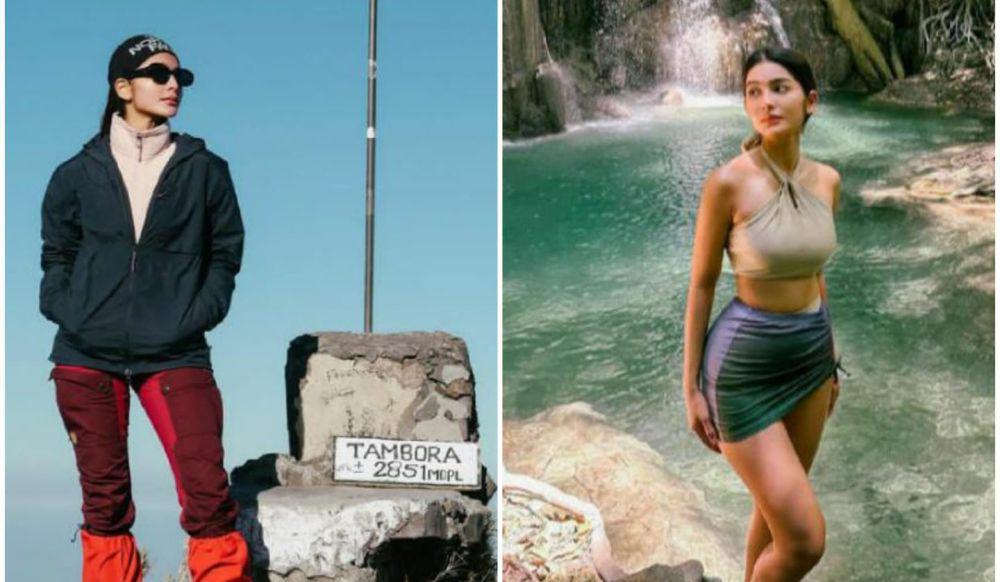 10 Potret Debi Sagita Traveling ke NTB, Mendaki Gunung dan Air Terjun
