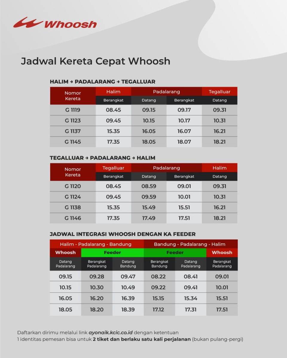 Jadwal kereta cepat Whoosh. (Instagram/@keretacepat_id).