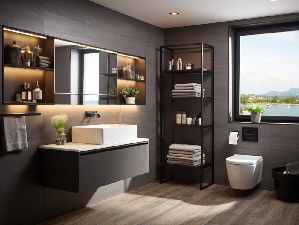 ilustrasi desain kamar mandi modern industrial dengan pencahyaan yang baik (freepik.com/freepik)