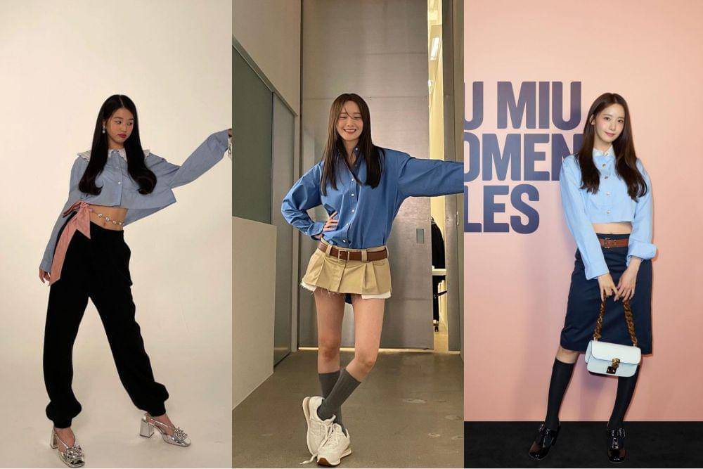 ide styling kemeja biru ala idol KPop cewek (instagram.com/for_everyoung10 | instagram.com/yoona__lim)