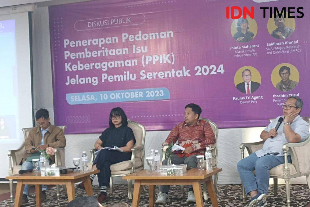 Diskusi Publik: Penerapan Pedoman Pemberitaan Isu Keberagaman (PPIK) Jelang Pemilu Serentak 2024, di Jakarta Pusat, Selasa (10/10/2023). (IDN Times/Lia Hutasoit)