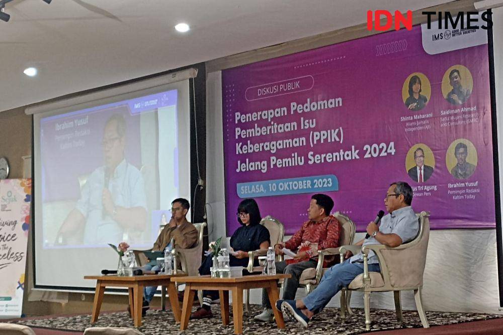 Diskusi Publik: Penerapan Pedoman Pemberitaan Isu Keberagaman (PPIK) Jelang Pemilu Serentak 2024, di Jakarta Pusat, Selasa (10/10/2023). (IDN Times/Lia Hutasoit)