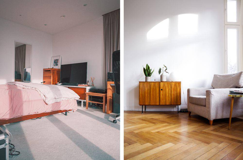rumah lantai karpet vs lantai hardwood (unsplash.com/Samuel Regan-Asante | unsplash.com/Beazy)