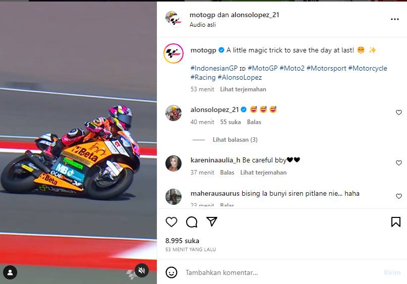 Alonso Lopez hampir terpental di Sirkuit Mandalika (screenshoot)