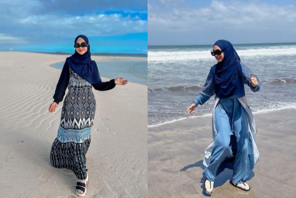 8 Ide Outfit Syari di Pantai Ala Ria Ricis, Tetap Aktif Meski Pakai Gamis