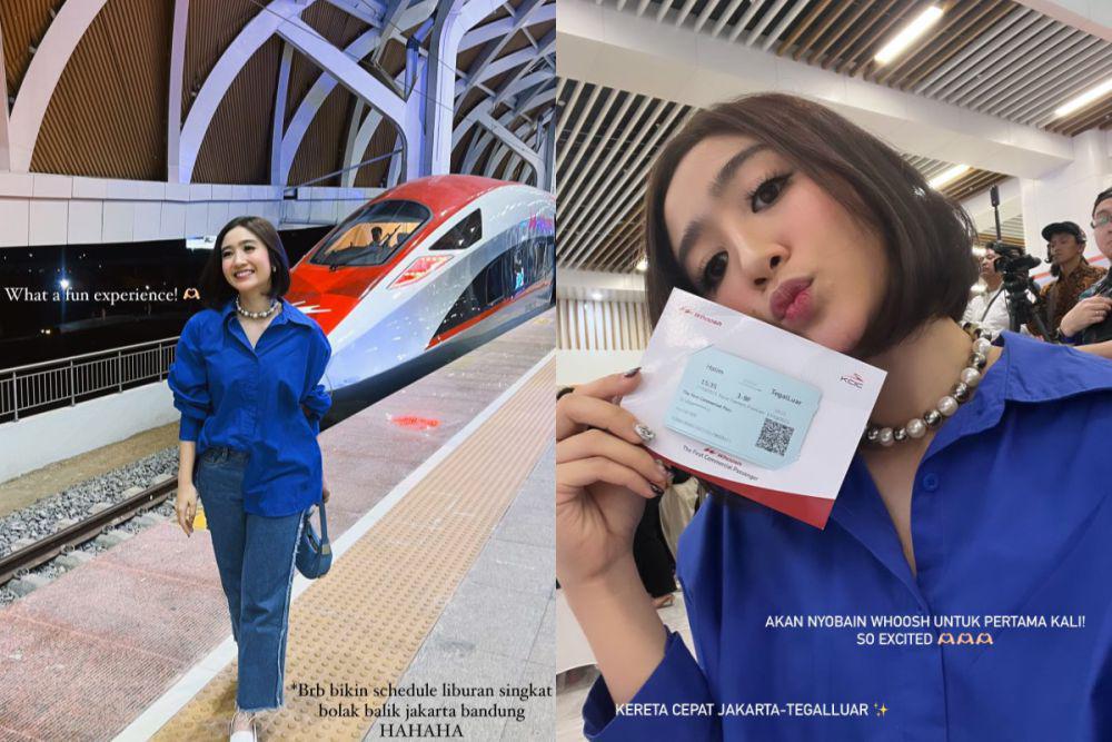 7 Potret Febby Rastanty Pertama Kali Naik Kereta Cepat Whoosh
