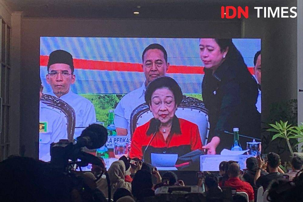 Megawati Soekarnoputri dalam acara Pengumuman Cawapres Ganjar Pranowo pada Rabu (18/10/2023). (IDN Times/Alya Achyarini)