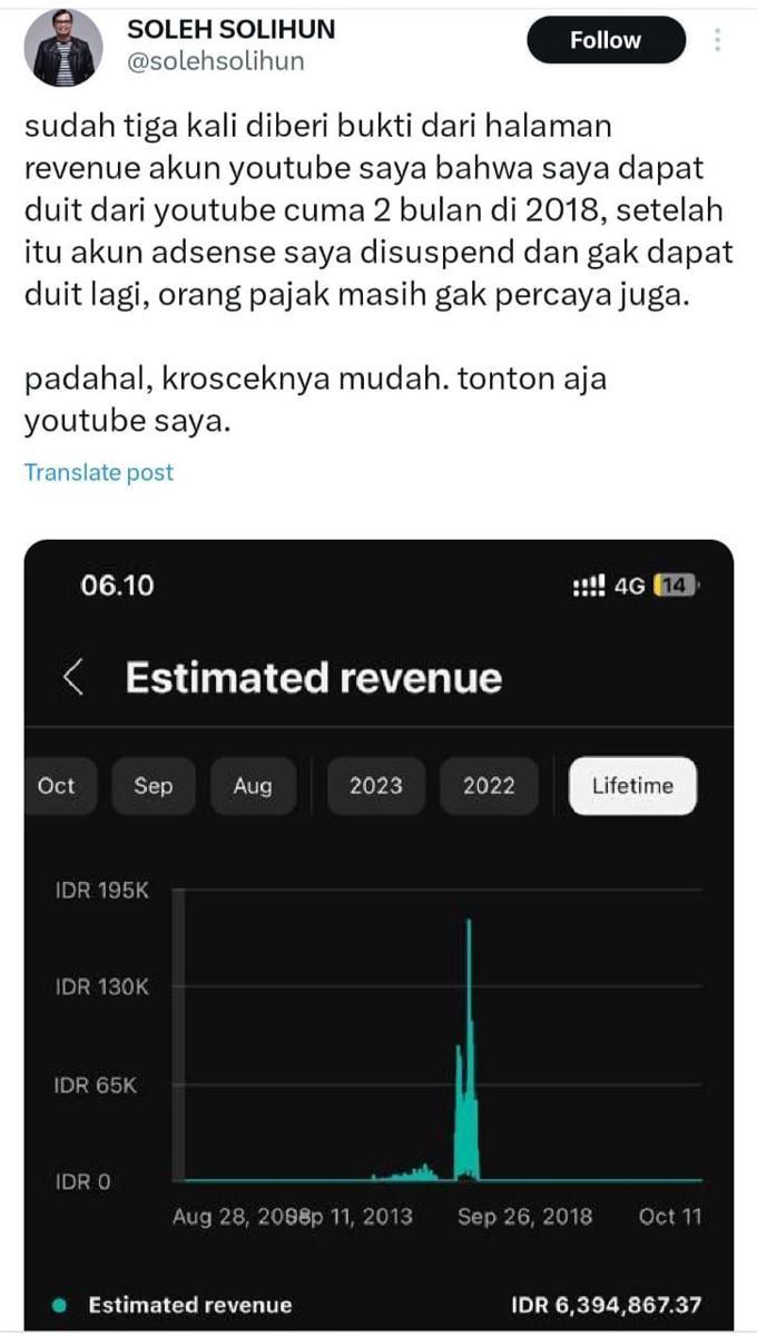 Ditagih Pajak Adsense YouTube, Soleh Solihun: Urusan Beres