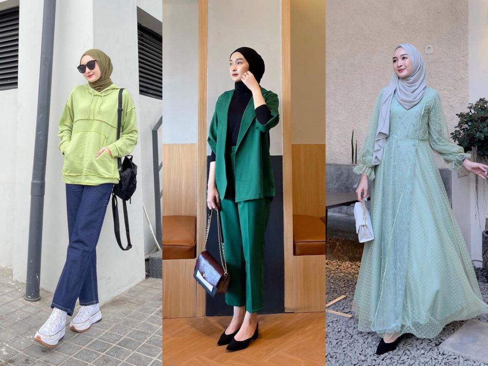 Catchy Abis! 9 Hijab Style ala Ingrid Yulika dengan Warna Hijau