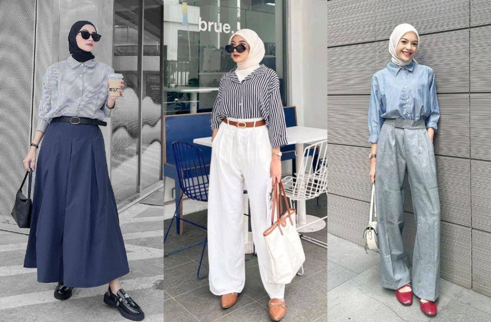 Kemeja stripes hijab (instagram.com/kusumanggi | instagram.com/rafikarahmaaa | instagram.com/febiolanabilaa)