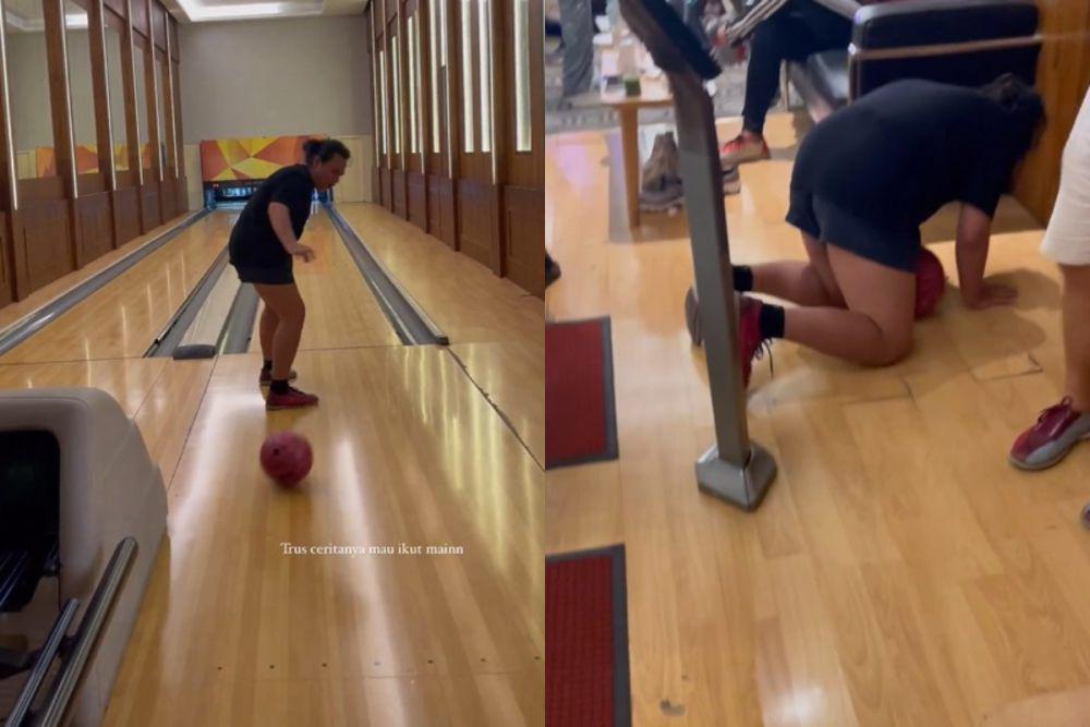 7 Potret Kocak Keanu Main Bowling, Malah Terlempar ke Belakang