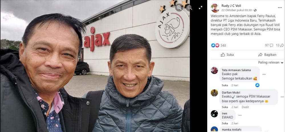 Tangkapan layar unggahan swafoto Ruud JC Voll bersama Direktur Utama PT Liga Indonesia Baru, Ferry Paulus. (Facebook.com/ Rudy J C Voll)