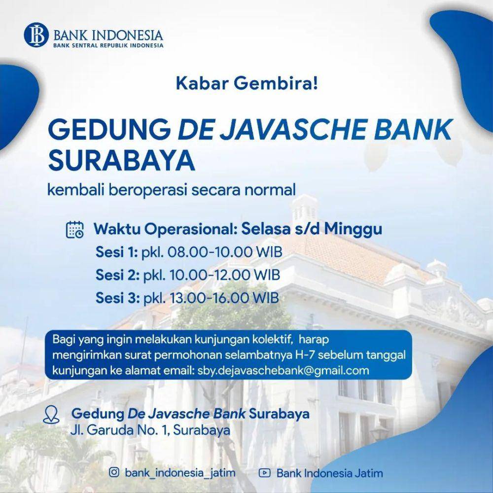 Info jam buka Museum De Javasche Bank Surabaya. Instagram/de_javaschebank_surabaya